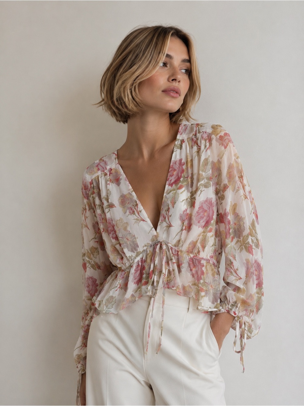 THE KOOPLES English Roses Floral Sheer Tie Front Silk Blouse NWT French Luxury